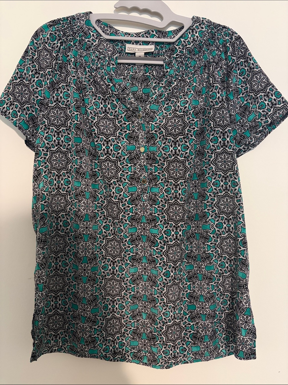 Dana Buchman Teal and Black Geometric Short Sleeve Blouse
